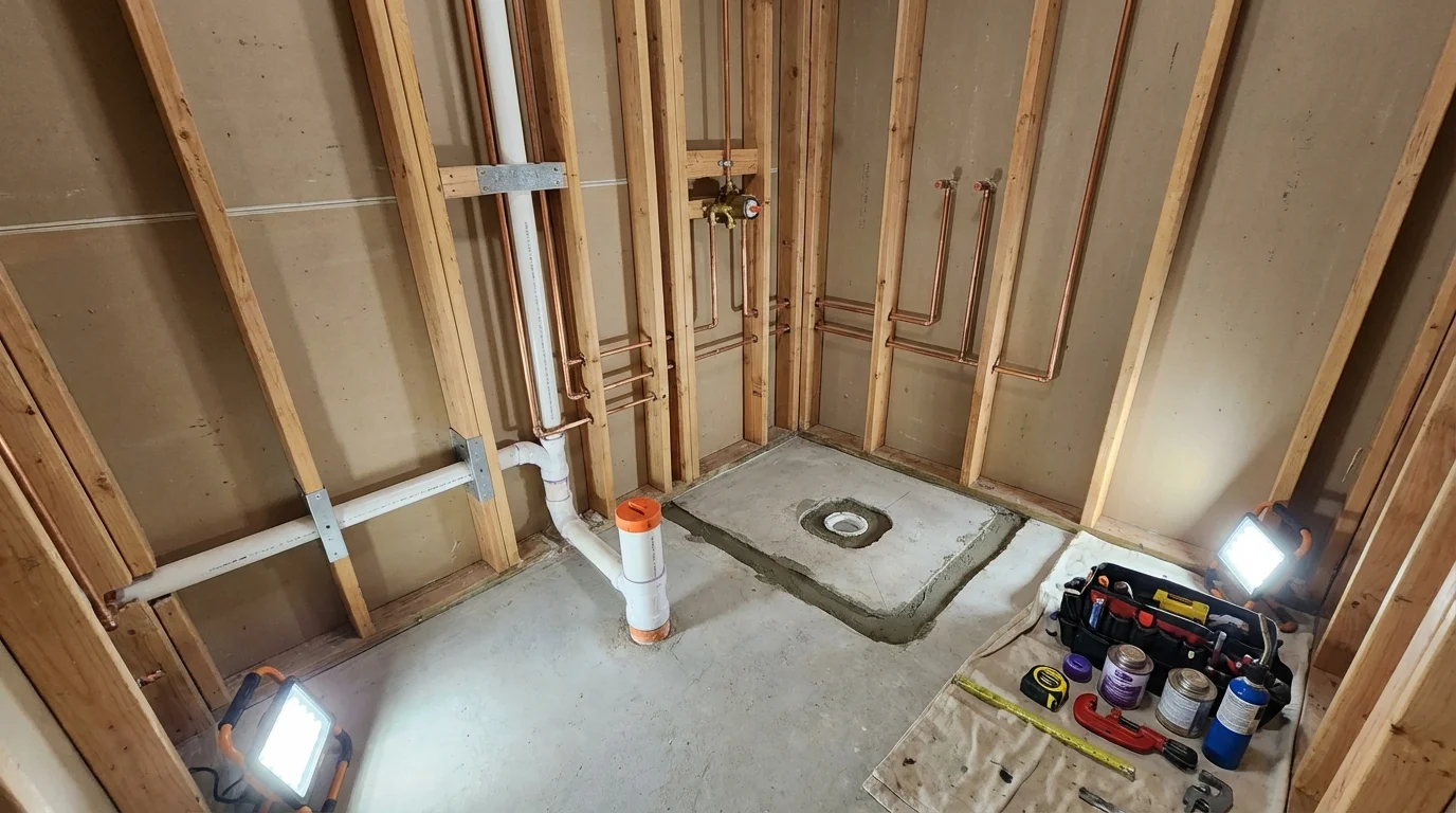 Bathroom rough-in plumbing during remodel by Johns Plumbing LLC in Itasca