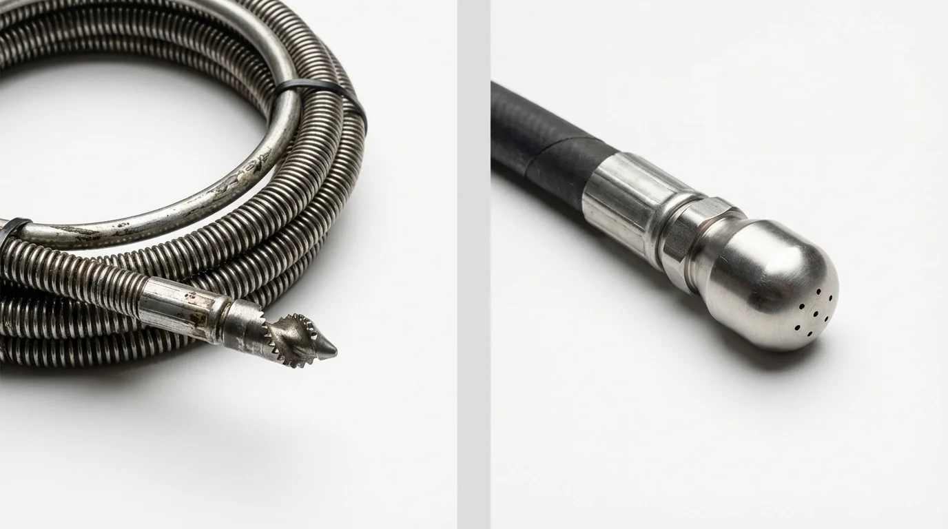 Drain snake cable and hydro jetting nozzle used for drain cleaning in Itasca, IL