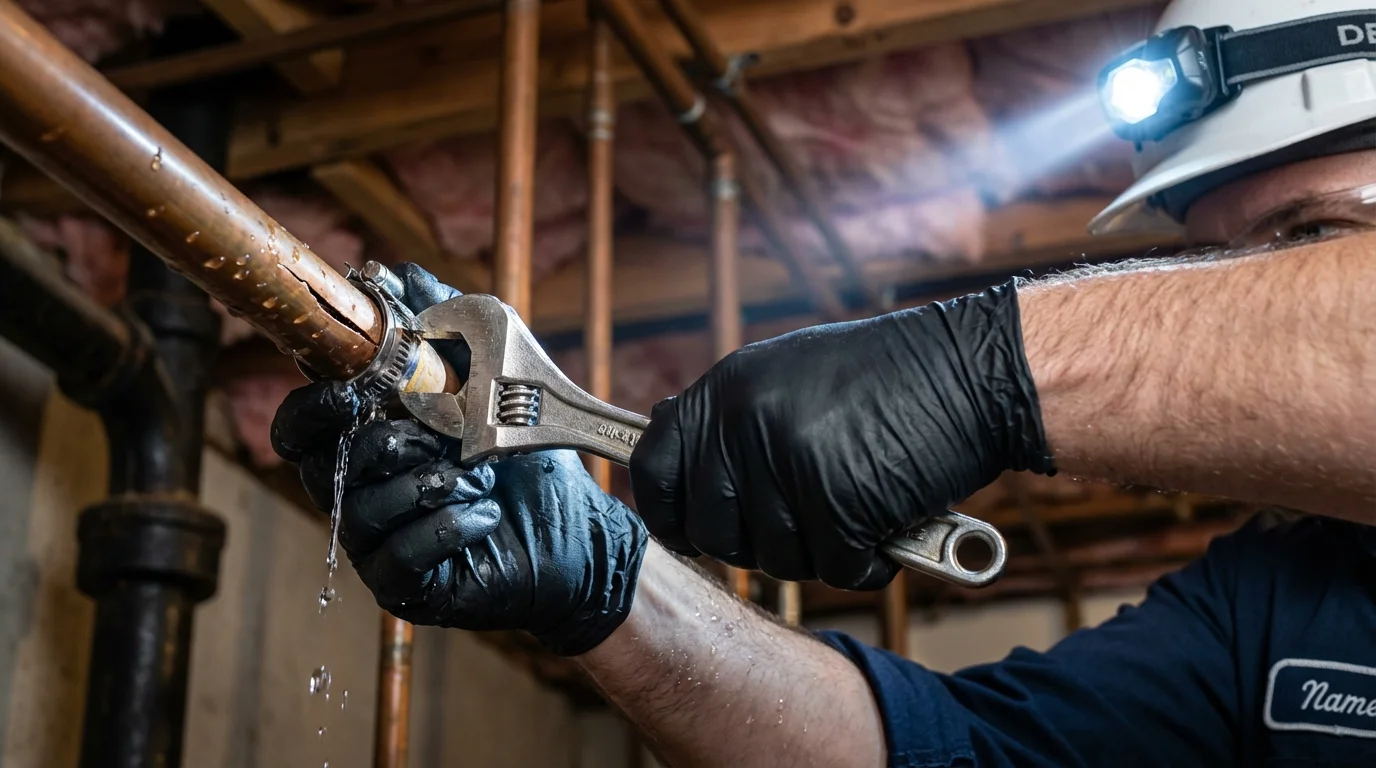 Emergency pipe clamp repair being performed by a Johns Plumbing LLC plumber in Itasca
