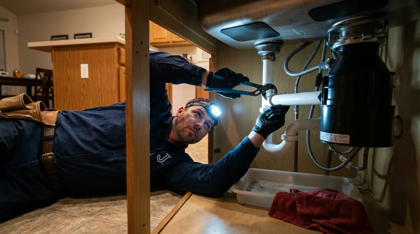 P-trap and supply line connections under a kitchen sink showing a common leak point in Itasca, IL